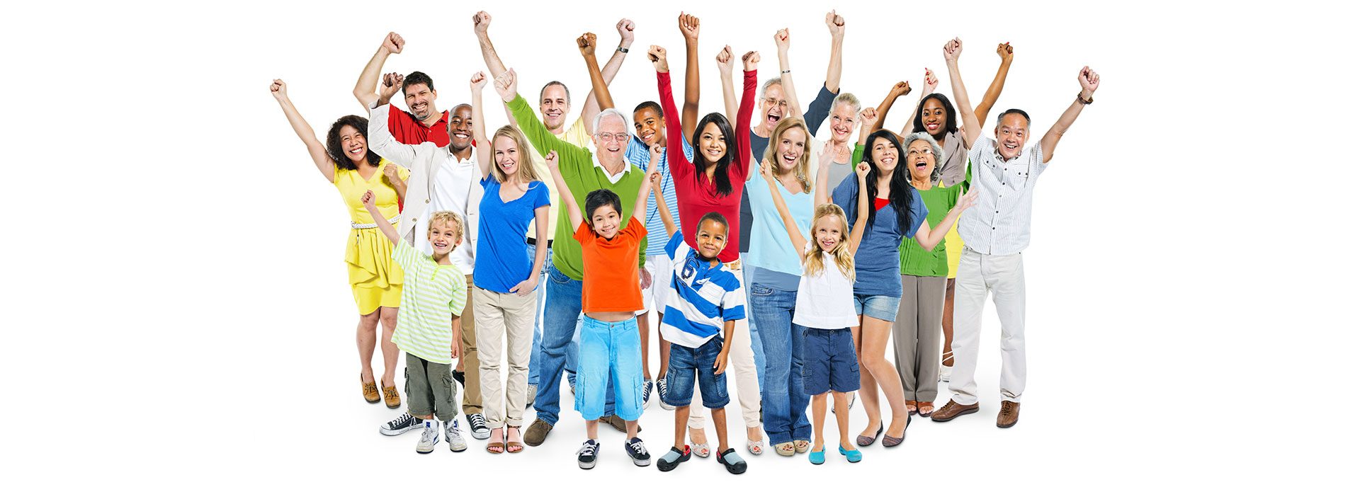 a brightly colored photo of a group of diverse people smiling and holding their fists up in the air.